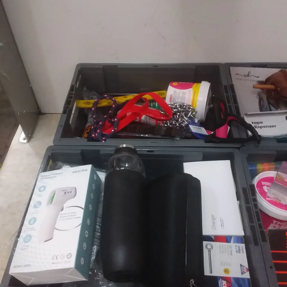 4 TOTES OF ASSORTED ITEMS INCLUDING, DOG WALKING ACCESSORIES, PASLODE NAILS, AIQURA INFARED FOREHEAD MONITOR AND ACCU-CHEK INSTANT GLUCOSE METER 