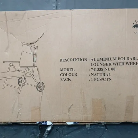 ALUMINIUM FOLDABLE TEXTILENE LOUNGER WITH WHEELS - NATURAL - COLLECTION ONLY 