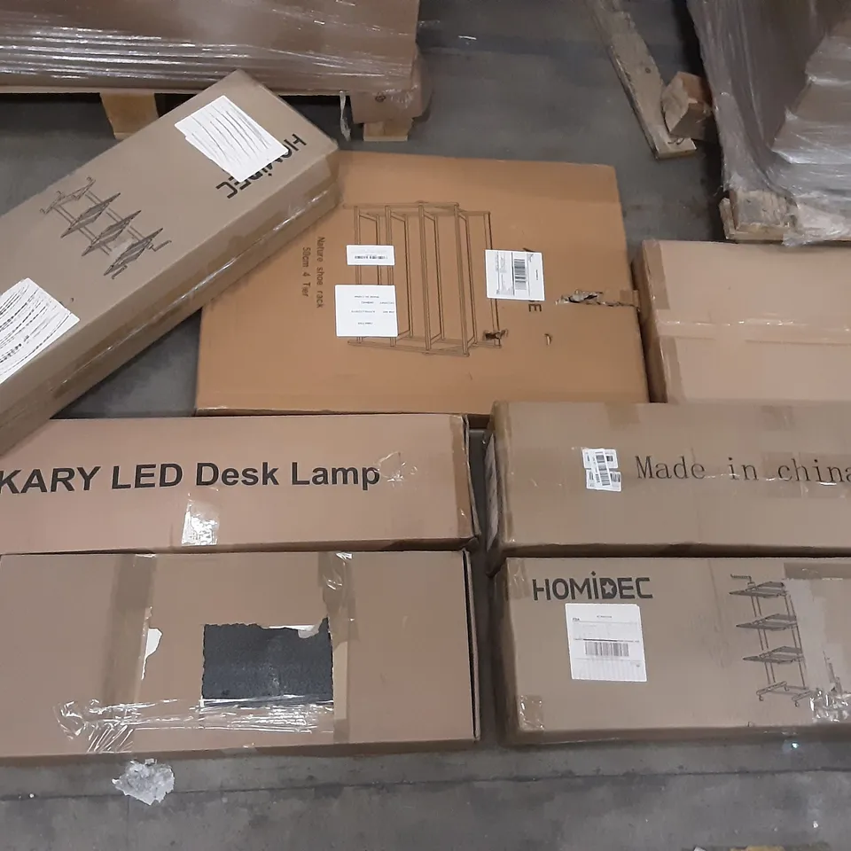 PALLET OF ASSORTED PRODUCTS INCLUDING KARY LED DESK LAMP, HOMIDEC CLOTHES RACK, NATURE SHOE RACK, HODODOU PORTABLE WARDROBE, JOMPARIS WALL CLOCK, DOUBLE POLE TELESCOPIC CLOTHES RACK