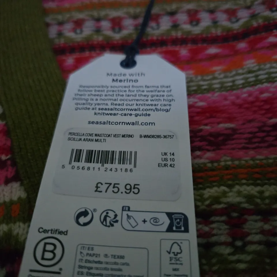 SEASALT CORNWALL MERINO WAISTCOAT VEST – UK 14, MULTI‑KNITTED