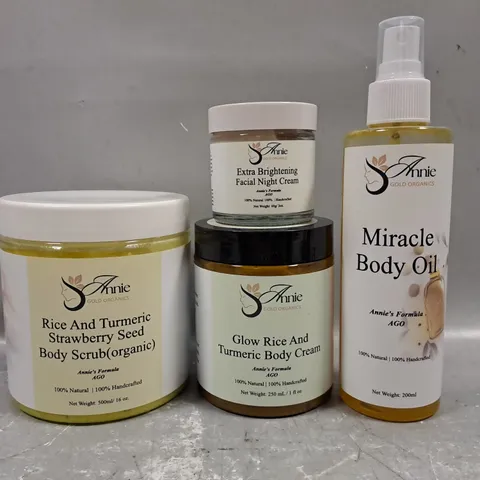 4 ASSORTED ANNIE GOLD ORGANICS PRODUCTS TO INCLUDE BODY SCRUB, FACIAL NIGHT CREAM, BODY CREAM, BODY OIL 