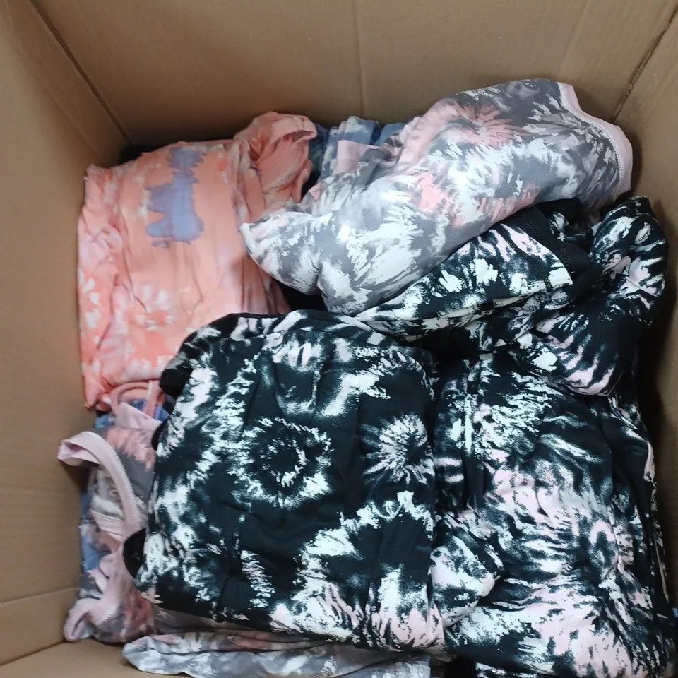 LARGE BOX OF ASSORTED CLOTHING ITEMS TOO INCLUDE TOPS , TROUSERS AND JUMPERS COMING IN DIFFERENT COLOURS AND SIZES 