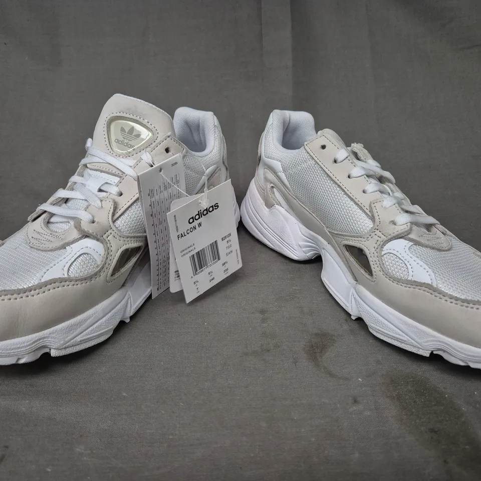 BOXED PAIR OF ADIDAS FALCON WOMEN'S SHOES IN WHITE/OFF WHITE UK SIZE 5.5