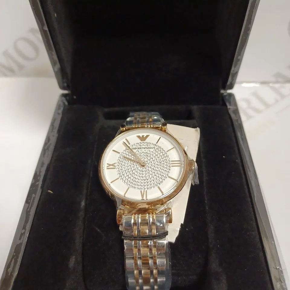 EMPORIO ARMANI SILVER WATCH WITH WHITE FACE AND SPARKLE STONES
