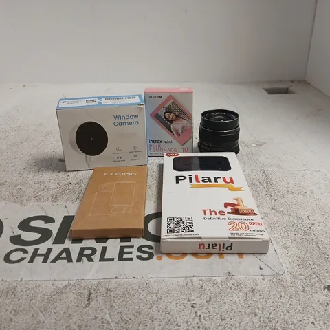 TOTE OF APPROXIMATELY 15 ASSORTED ITEMS TO INCLUDE WINDOW CAMERA, FUJIFILM PINK LEMONADE INSTANT FILM, PILARU PHONE CASE, CAMERA LENS ETC