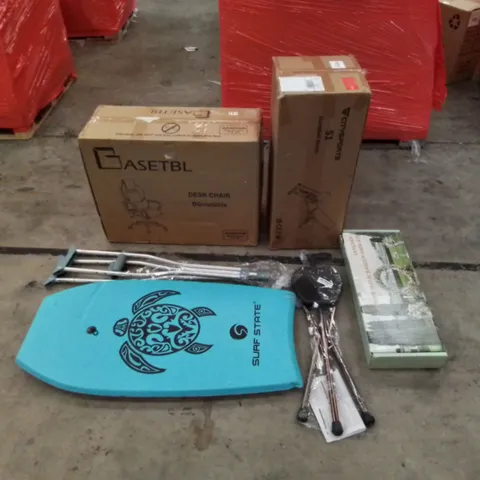 PALLET CONTAINING HOME IMPROVEMENT AND HOUSEHOLD PRODUCTS. INCLUDES CRUTCHES, DUMBELL BENCH, DESK CHAIR, SEAT, SURFING ACCESSORY ETC