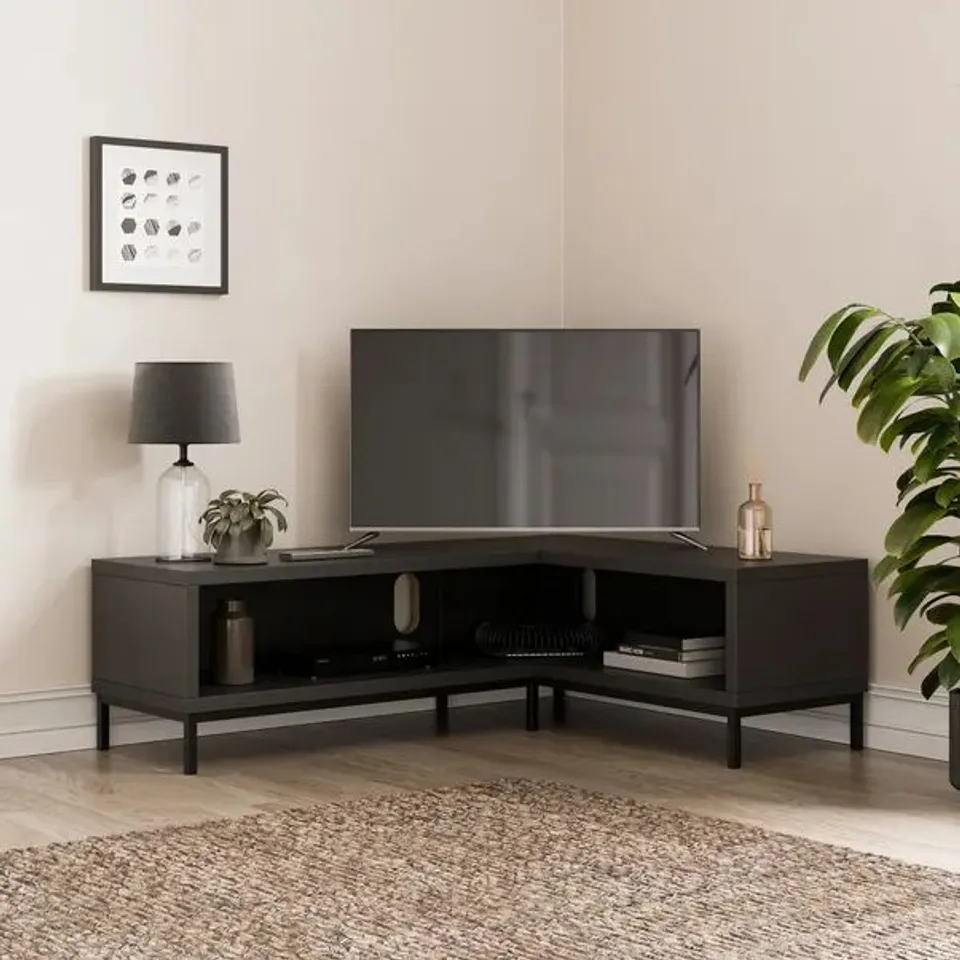 BOXED FULTON OPEN CORNER TV UNIT FOR TVS UP TO 60" - BLACK (1 BOX)