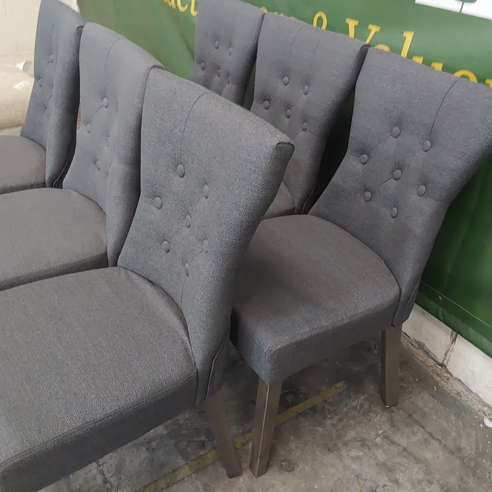 SET OF SIX UPHOLSTERED DINING CHAIRS BUTTONED BACKS, CHARCOAL FABRIC ON SILVER LEGS