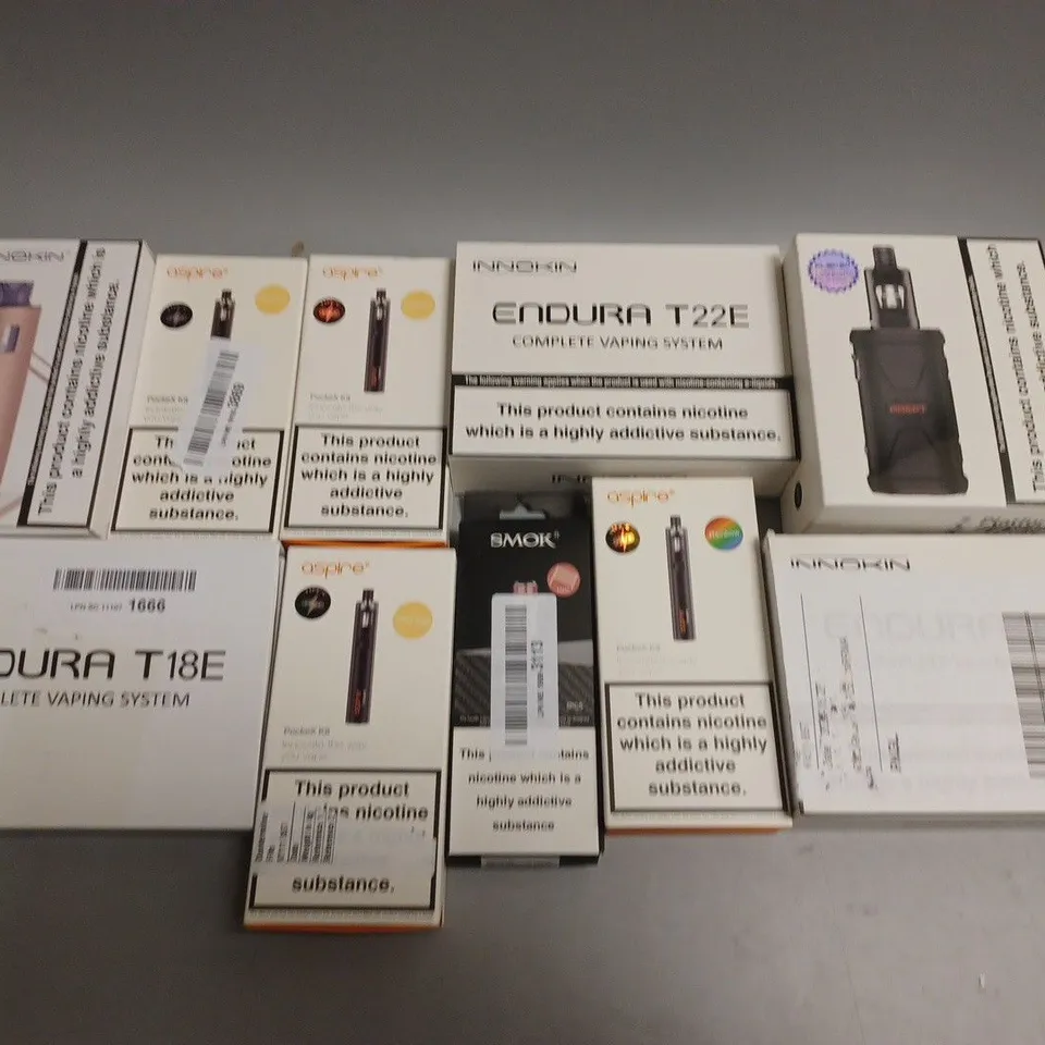APPROXIMATELY 10 ASSORTED E-CIGARETTE PRODUCTS TO INCLUDE INNOKIN, ASPIRE, SMOK ETC