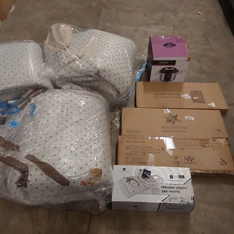 PALLET OF ASSORTED ITEMS INCLUDING: THERMALRIGHT FROZEN VISION 360 CPU COOLER,  LARGE RUGS, KUMO RICE COOKED, SHOE RACK, BED RAIL GUARDS ECT