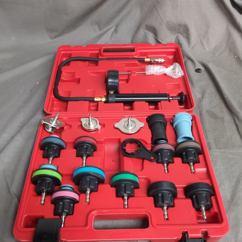 RED CASE TOOL SET WITH ASSORTED ADAPTERS AND FITTINGS 