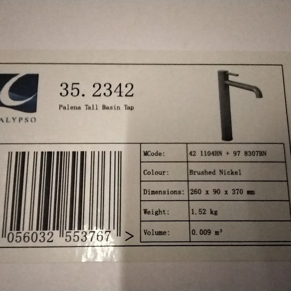 BOXED AS NEW CALYPSO PALENA TALL BASIN TAP IN BRUSHED NICKEL