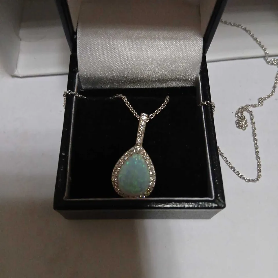 DIAMONIQUE 0.29CT TW OPAL PEAR CUT PENDANT & CHAIN STERLING SILVER 