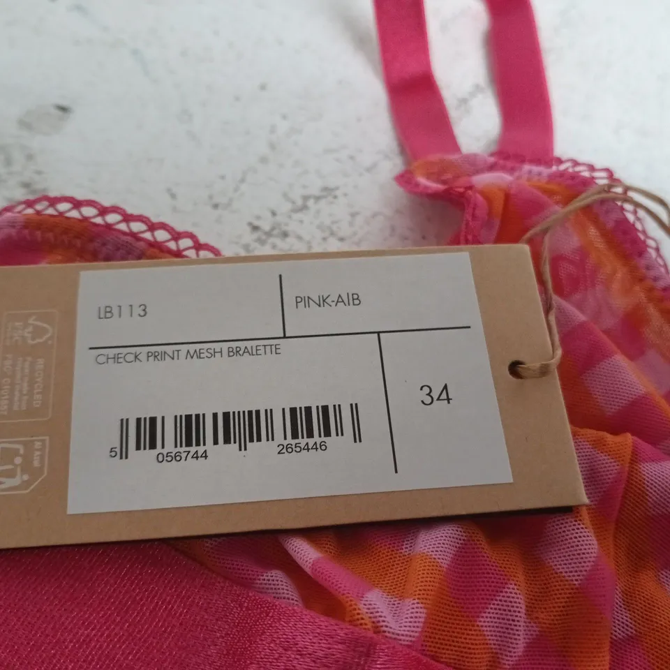 LEMONADE DOLLS PINK CHECK-PRINT MESH BRALETTE – UK 34