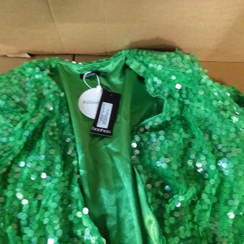 BOOHOO SEQUIN SHOULDER PAD BLAZER DRESS IN BRIGHT GREEN - 18
