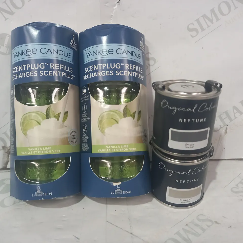 BOX OF APPROXIMATELY 10 ASSORTED HOUSEHOLD ITEMS TO INCLUDE NEPTUNE SMOKE EMULSION, NEPTUNE DRIFTWOOD EMULSION, YANKEE CANDLE SCENTPLUG REFILLS, ETC