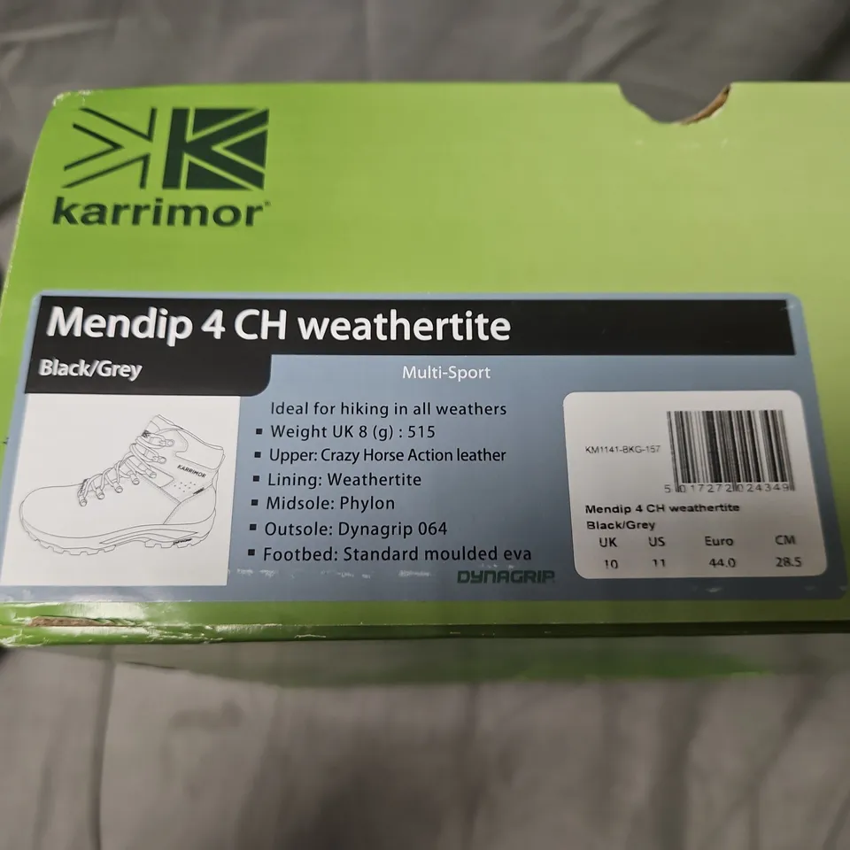 BOXED KARRIMOR MENDIP 4 CH WEATHERTITE HIKING BOOTS – BLACK/GREY, UK 10