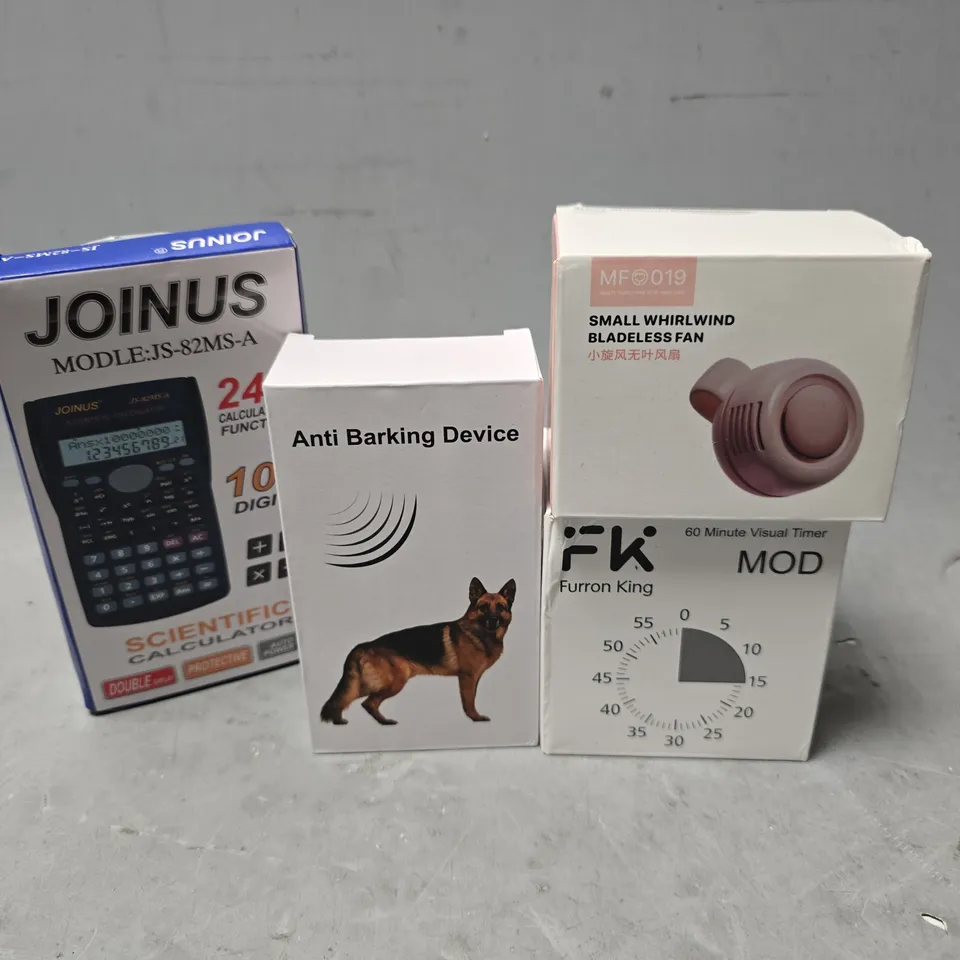 APPROXIMATELY 12 ASSORTED ITEMS TO INCLUDE - ANTI BARKING DEVICE , JOINUS CALCULATOR , BLADELESS FAN ETC