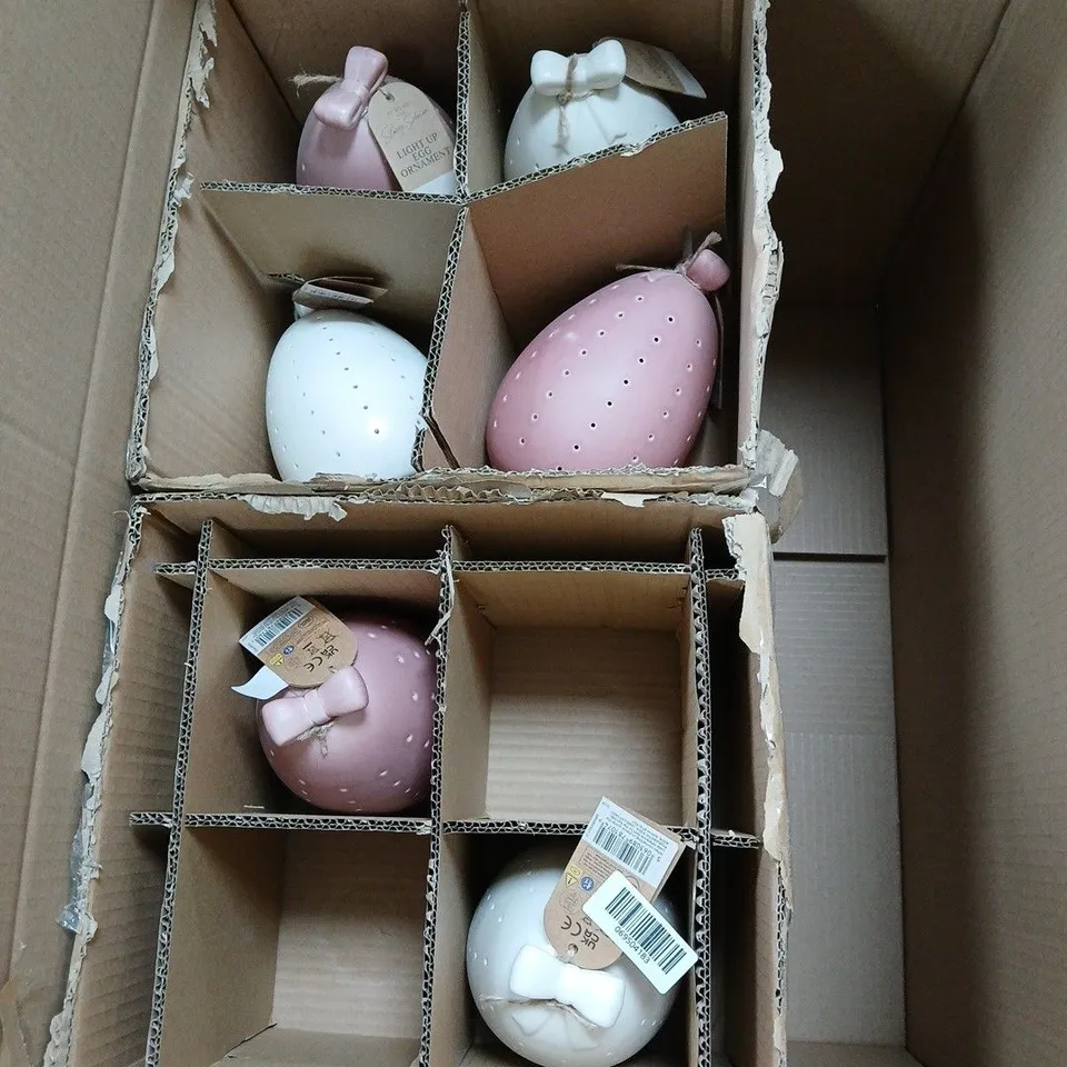BOX OF 4X4 STACEY SOLOMON LIGHT UP EGG ORNAMENTS IN WHITE/PINK - COLLECTION ONLY