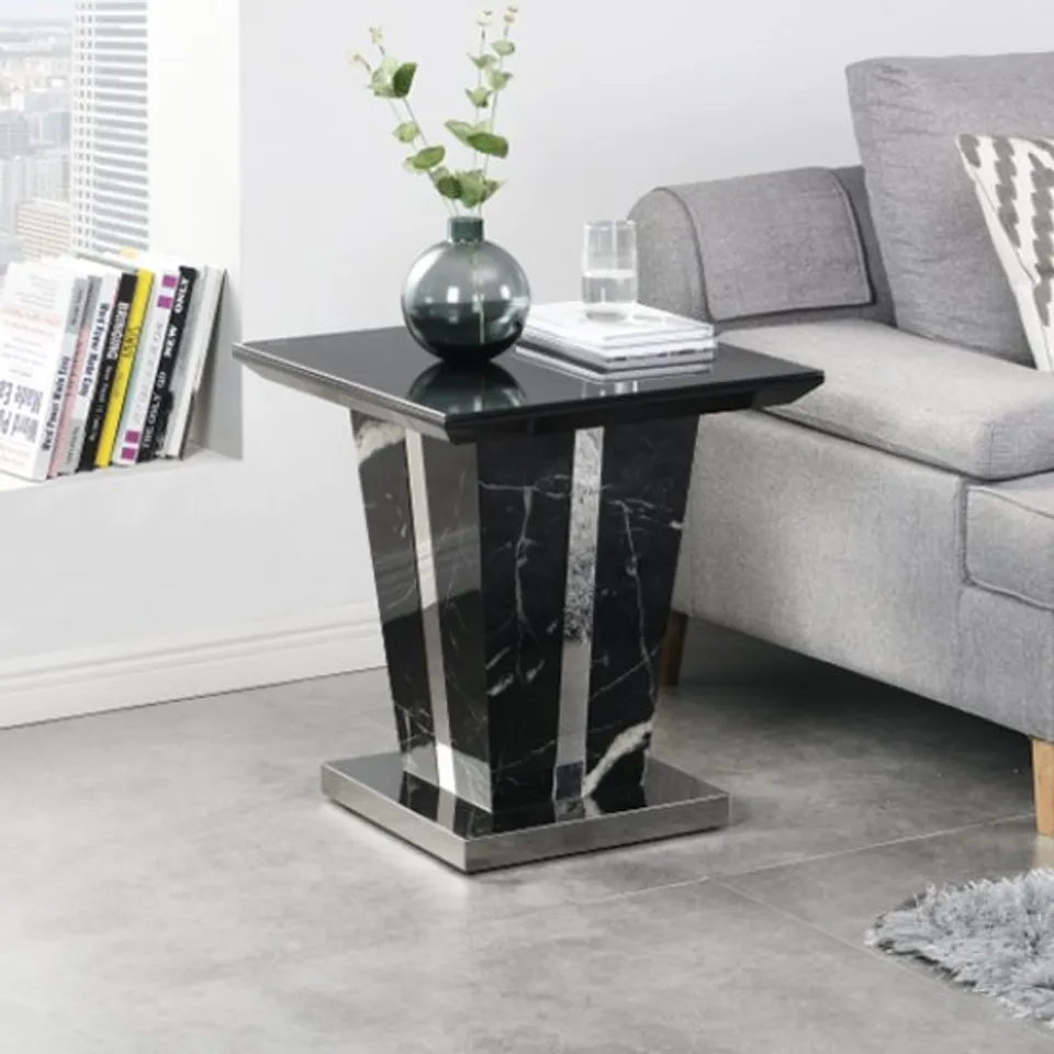 BOXED MILANO BLACK-GLASS TOPPED LAMP TABLE (2 BOXES)