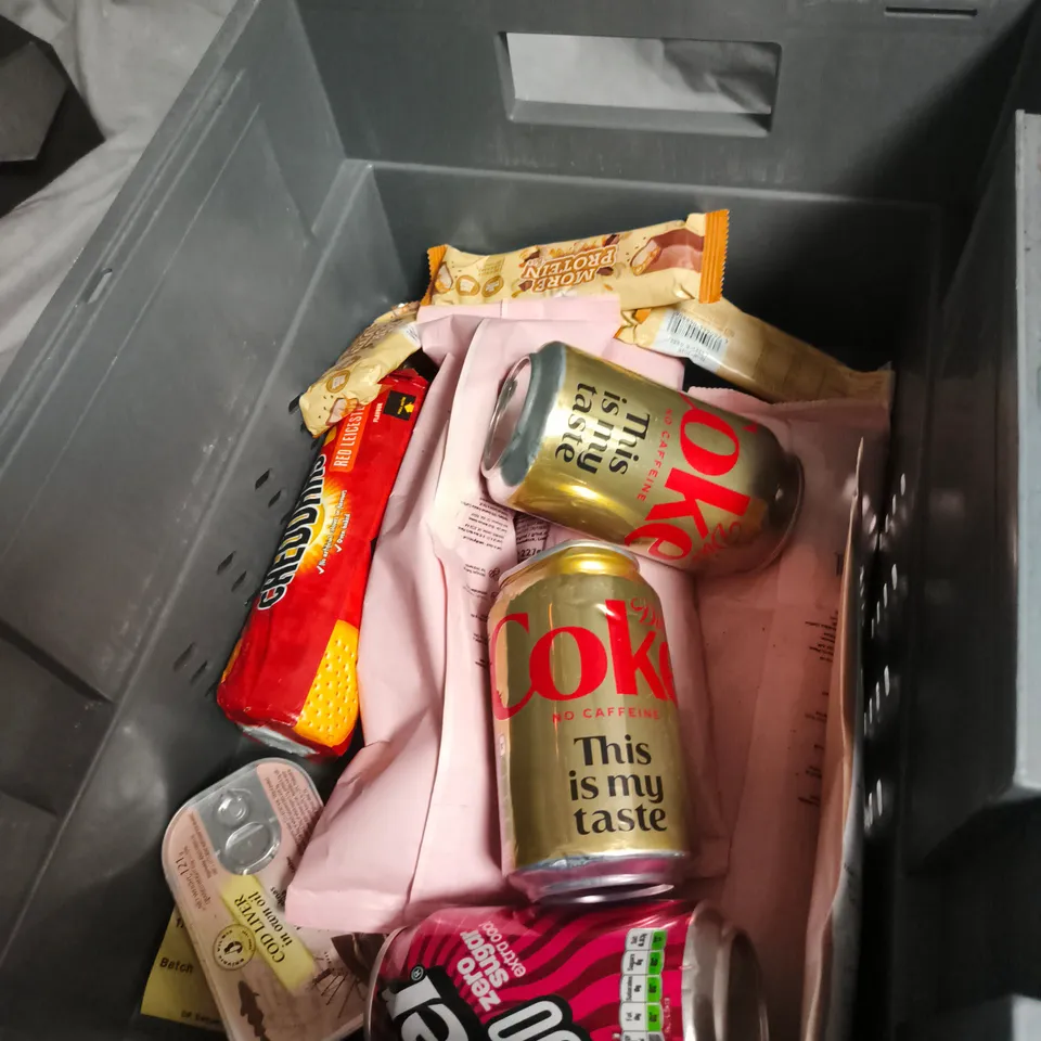 APPROXIMATELY 10 ASSORTED FOOD ITEMS INCLUDING DIET COKE AND TASSIMO CARAMEL LATTE