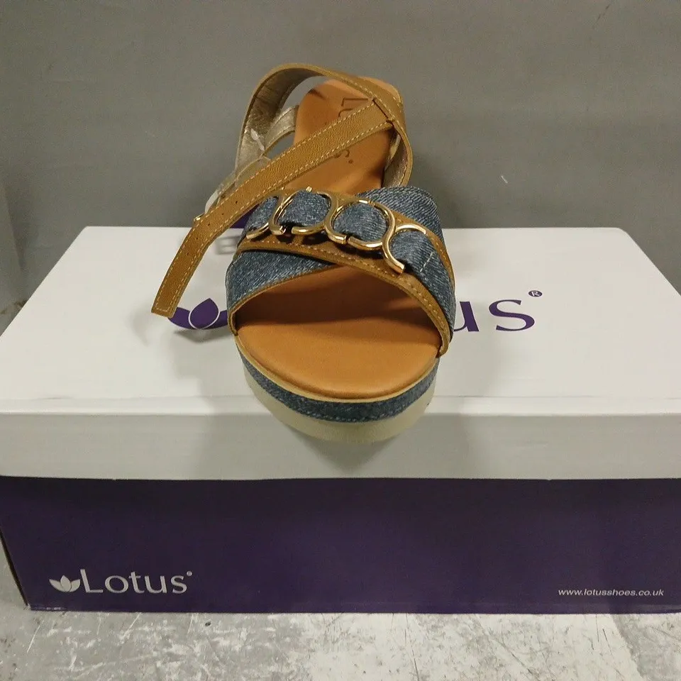 BOXED PAIR OF LOTUS OPEN TOE WEDGE SANDALS IN TAN/DENIM SIZE EU 39
