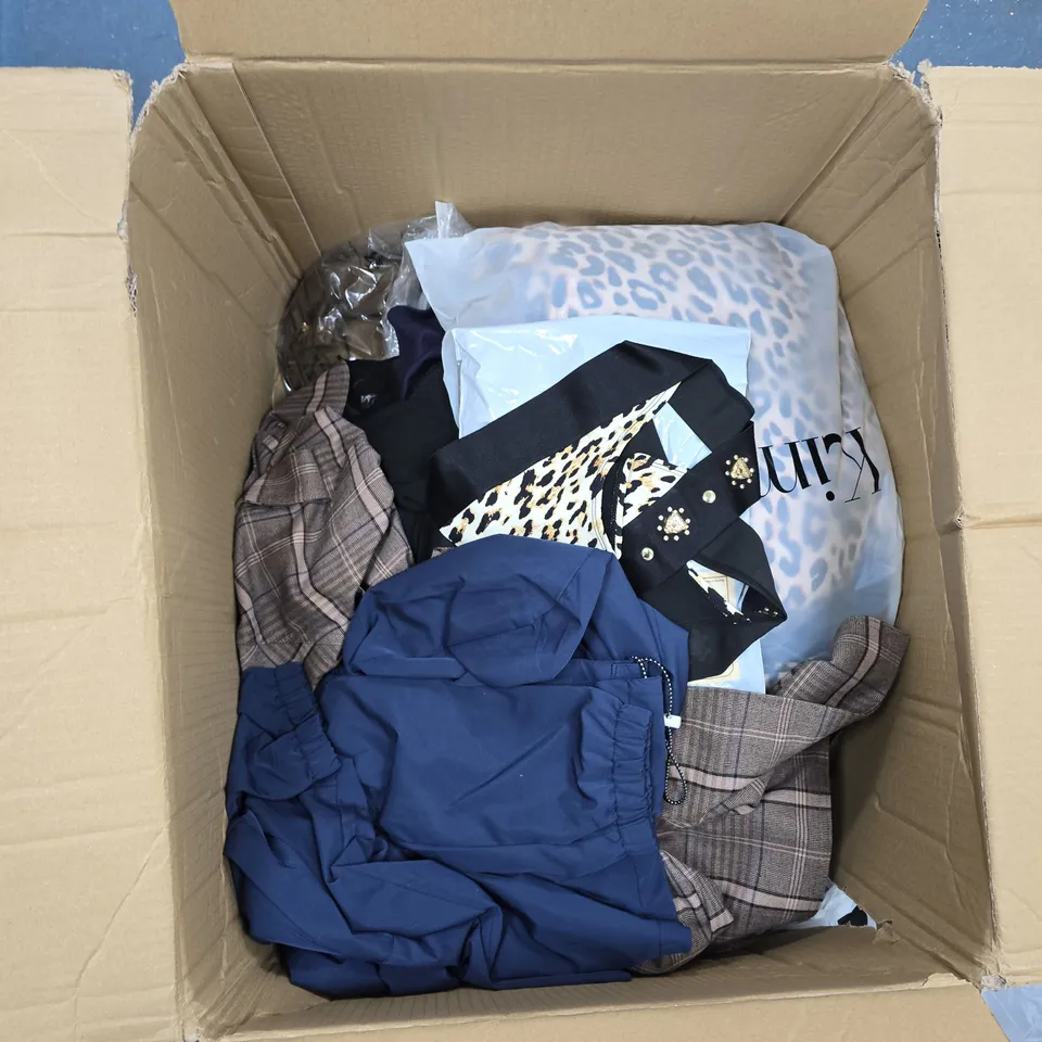 BOX OF APPROXIMATELY 25 CLOTHING ITEMS INCLUDING: CELTIC TOP, NEW LOOK COAT AND CARDIGAN