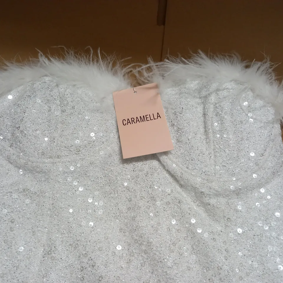 CARAMELLA FEATHER TRIM SEQUIN MINI DRESS - XL