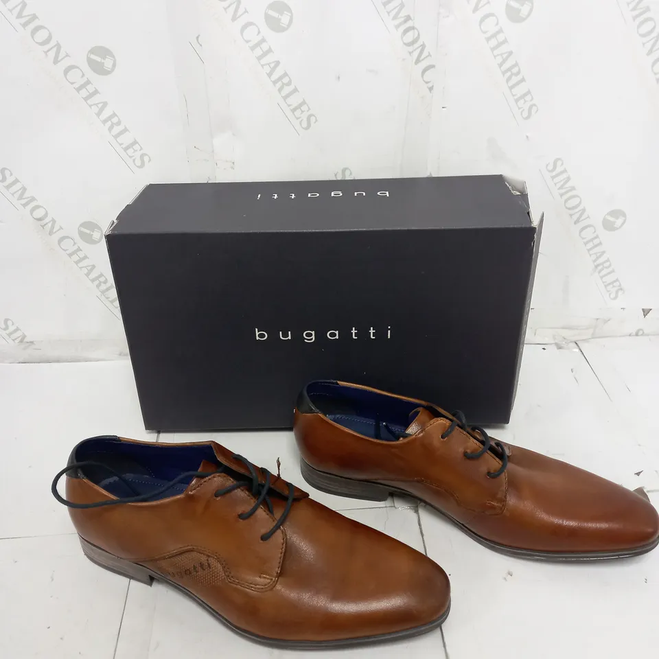 BOXED PAIR OF BUGATTI COGNAC UK 8 BROWN SUIT SHOES 