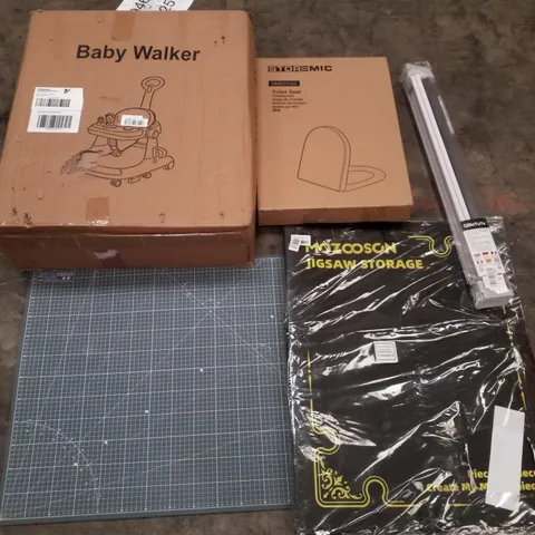 PALLET CONTAINING ASSORTED PRODUCTS INCLUDING BABY WALKER, TOILET SEAT, JIGSAW STORAGE, ROLLER BLIND & SELF HEALING CUTTING MAT