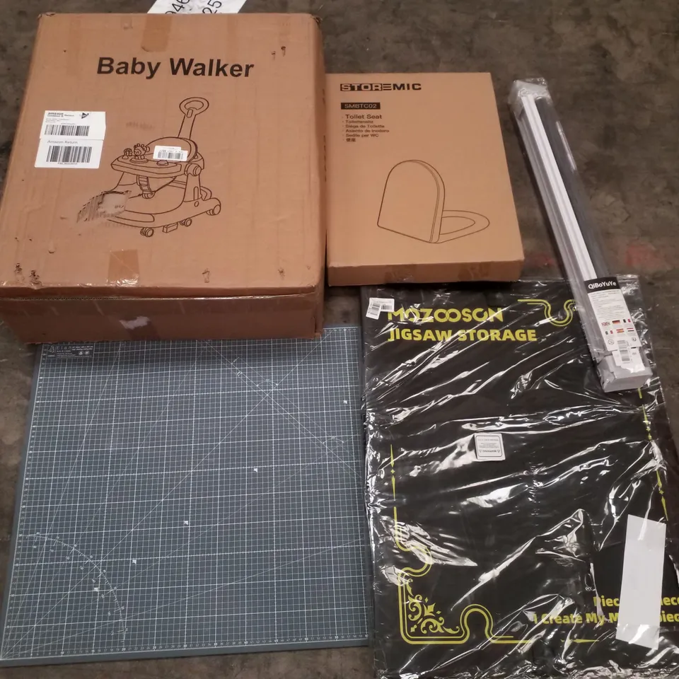 PALLET CONTAINING ASSORTED PRODUCTS INCLUDING BABY WALKER, TOILET SEAT, JIGSAW STORAGE, ROLLER BLIND & SELF HEALING CUTTING MAT