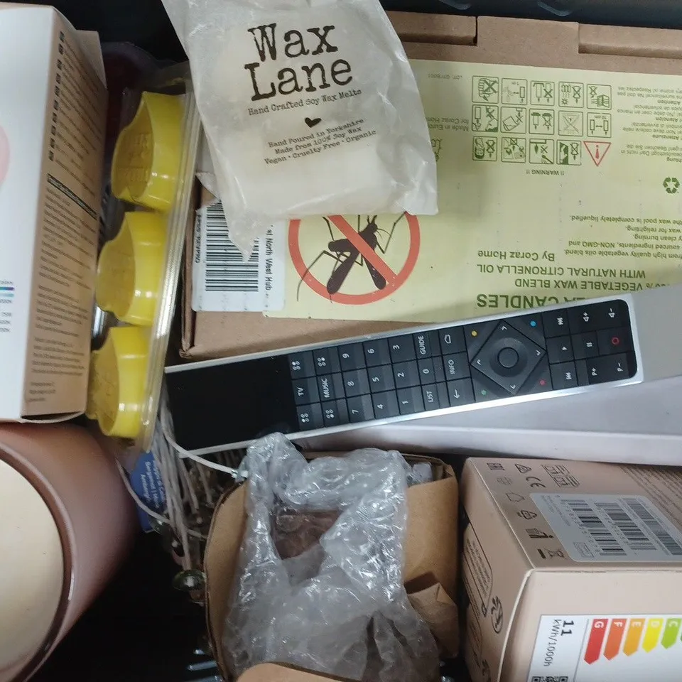 APPROXIMATELY 10 ASSORTED HOUSEHOLD ITEMS TO INCLUDE SKY REMOTES, WAX MELTS, ETC