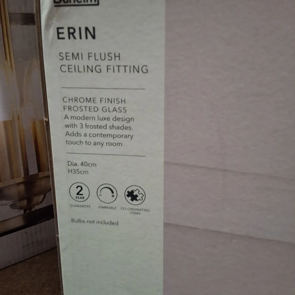 BOXED DUNELM ERIN SEMI-FLUSH CEILING FITTING, CHROME FINISH & FROSTED GLASS