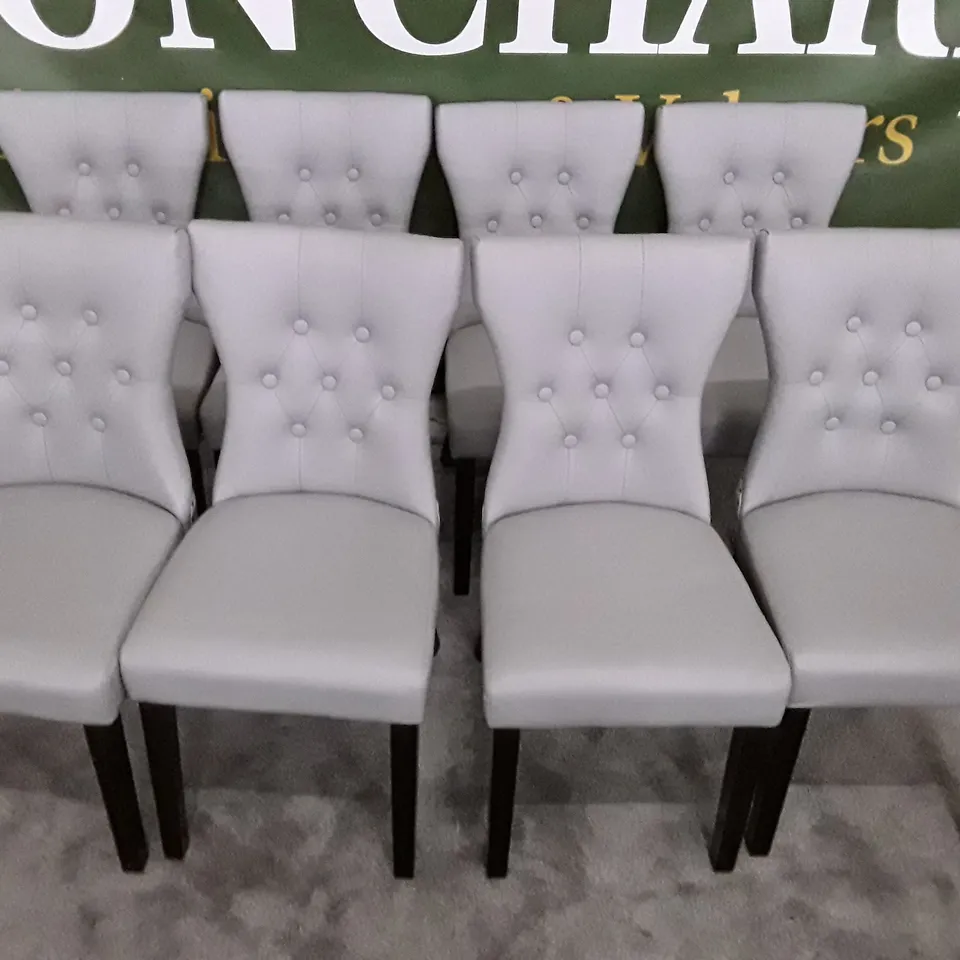 SET OF 8 KENSINGTON LIGHT GREY LEATHER BUTTON BACK DINING CHAIRS (BLACK LEG)