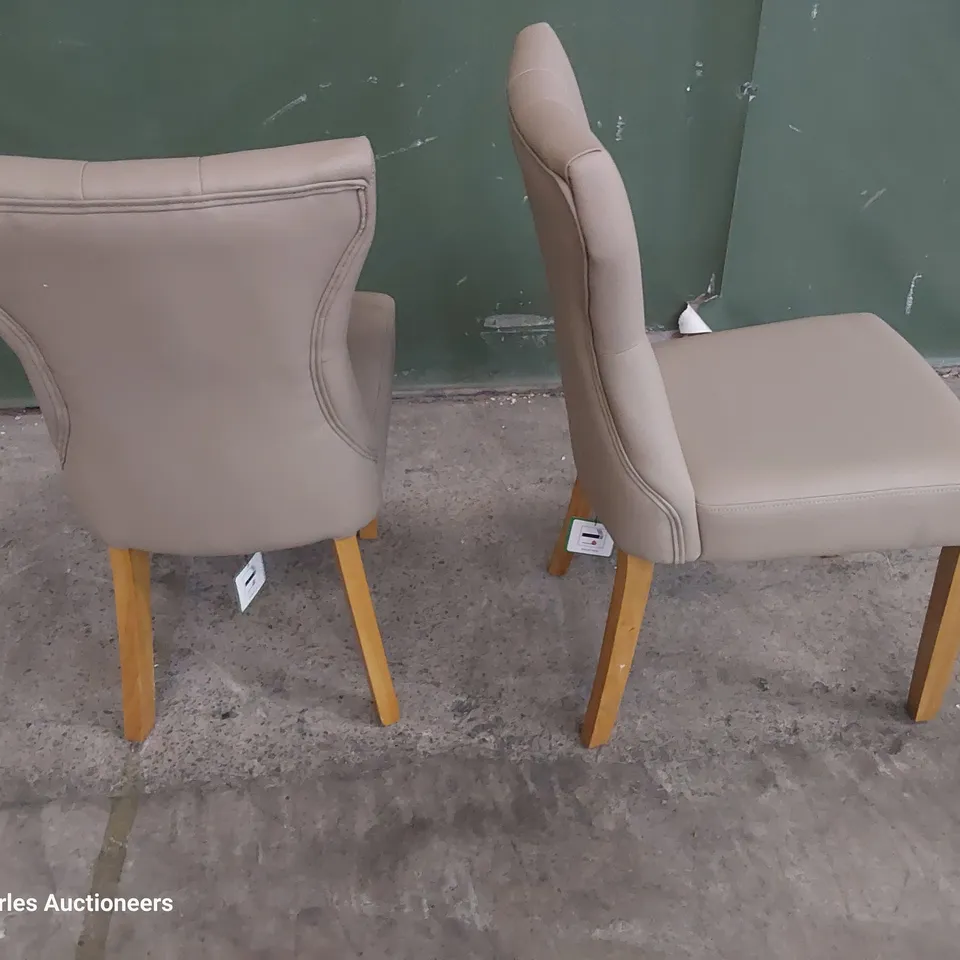 PAIR OF UPHOLSTERED BUTTONED BACK DINING CHAIRS BEIGE PU ON NATURAL WOOD LEGS 
