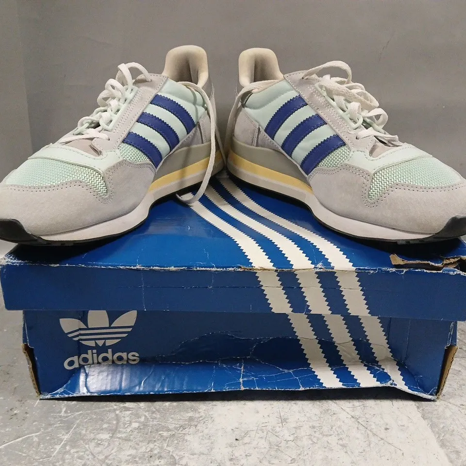 BOXED PAIR OF ADIDAS ZX 500 WOMEN'S SHOES IN ICE BLUE/BLUE/GREY SIZE UK 6.5