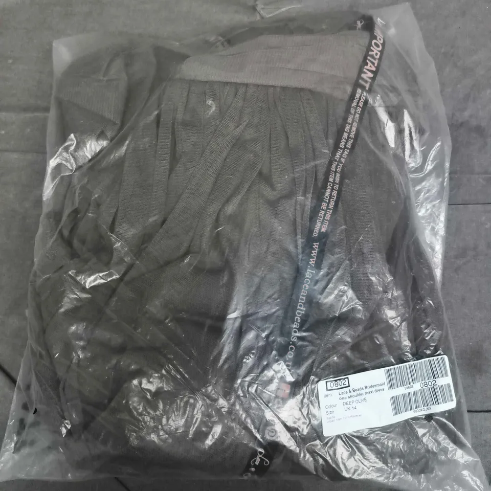 BAGGED LACE & BEADS BRIDESMAID ONE SHOULDER MAXI DRESS IN DEEP OLIVE - UK 14