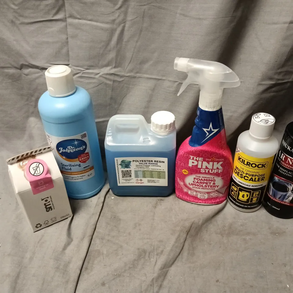 APPROXIMATELY 12 ASSORTED HOUSEHOLD LIQUID PRODUCTS TO INCLUDE CAR NANO, MULTI-PURPOSE DESCALER, POLYESTER RESIN, ETC - COLLECTION ONLY