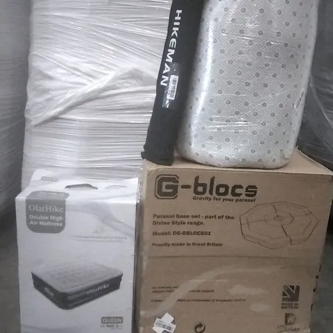 PALLET OF ASSORTED ITEMS INCLUDING G-BLOCK PARASOL BASE, OLARHIKE DOUBLE AIR MATTRESS, FLUFFY RUG AND GAZEBO PARTS