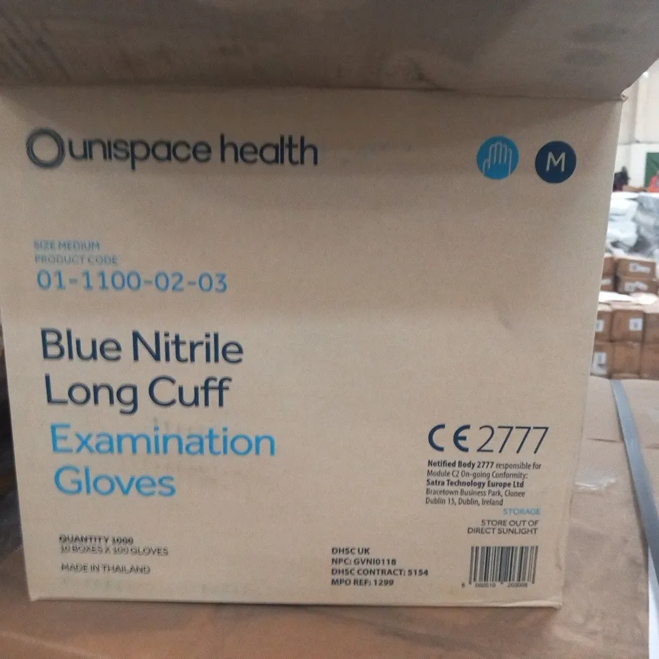 APPROXIMATELY 12 BOXES OF 1000 UNISPACE HEALTH MEDIUM BLUE NITRILE LONG CUFF EXAMINATION GLOVES (APPROXIMATELY 12,000 PAIRS IN TOTAL)