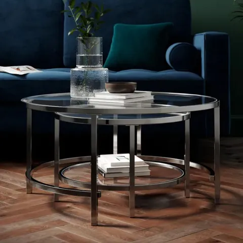 BOXED SOFIA GLASS COFFEE NEST OF TABLES - SILVER (1 BOX)