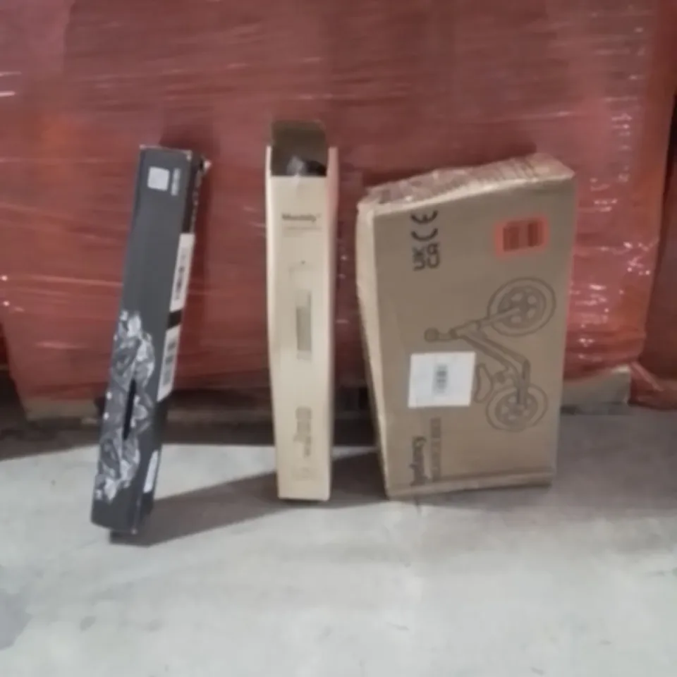 PALLET OF ASSORTED HOUSEHOLD GOODS AND PRODUCTS TO INCLUDE;BALANCE BIKE,TRIPOD,KEYBOARD MATT