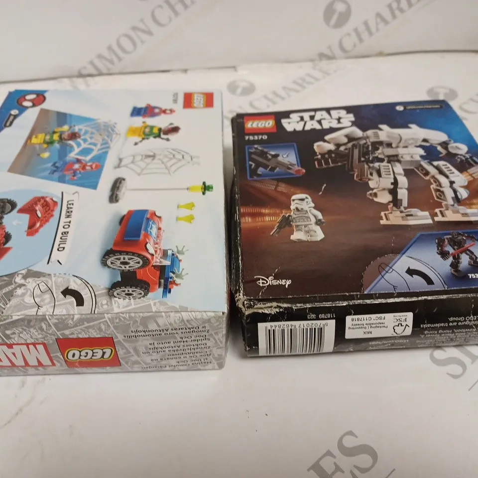 LOT OF 2 LEGO SETS INCLUDE SPIDER MAN CAR AND STORMTROOPER MECH