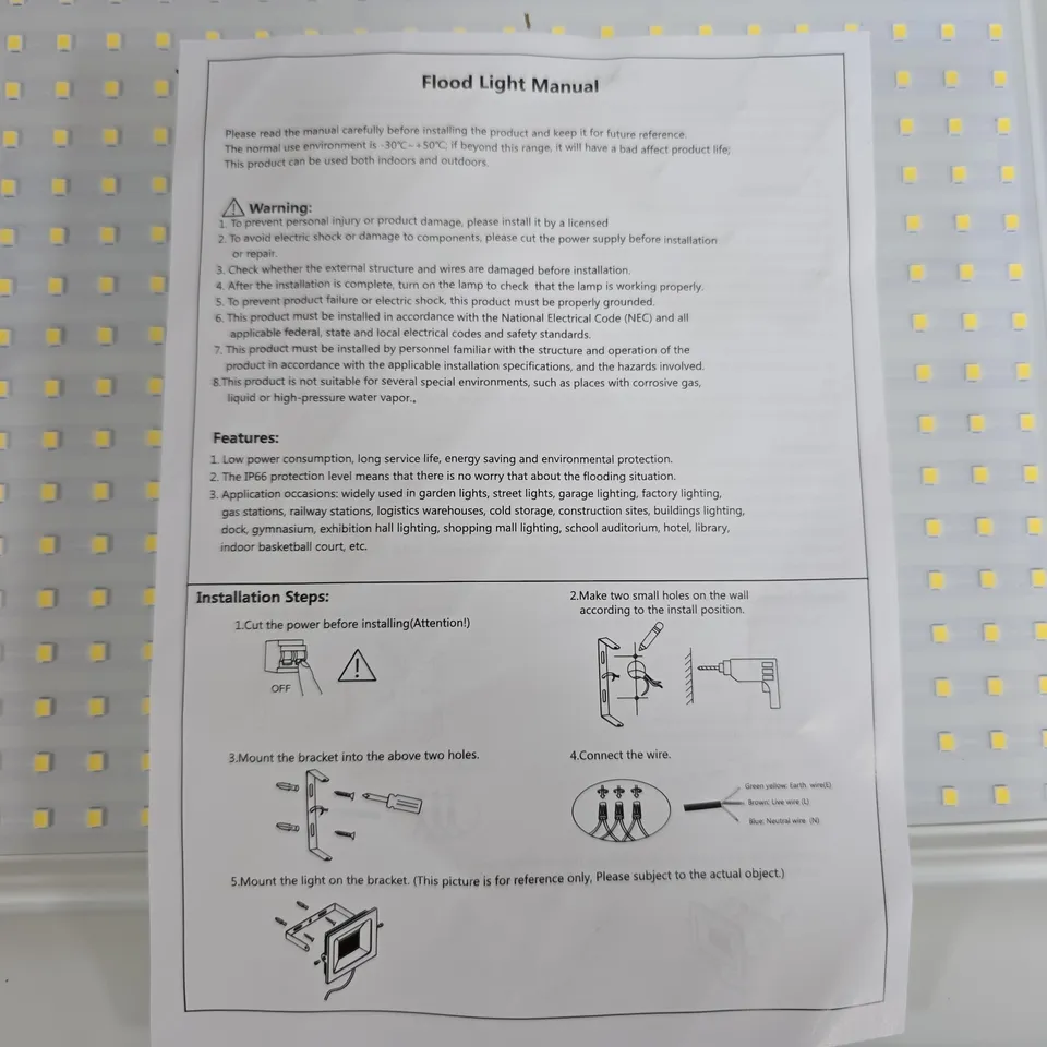 LED FLOOD LIGHT PANEL  – CABLE ENDS EXPOSED