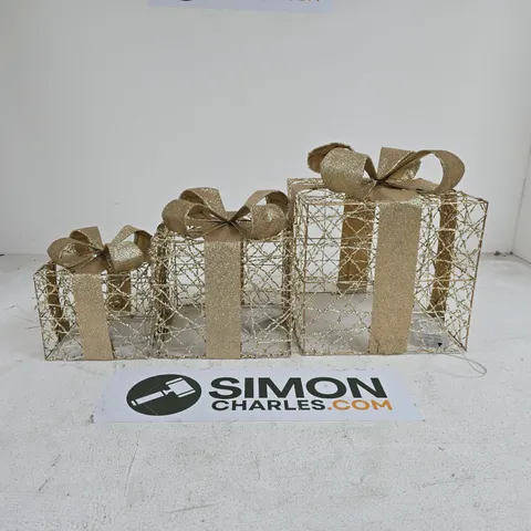 SET OF 3 CHRISTMAS GOLD "PRESENT" DECORATIONS BOXED