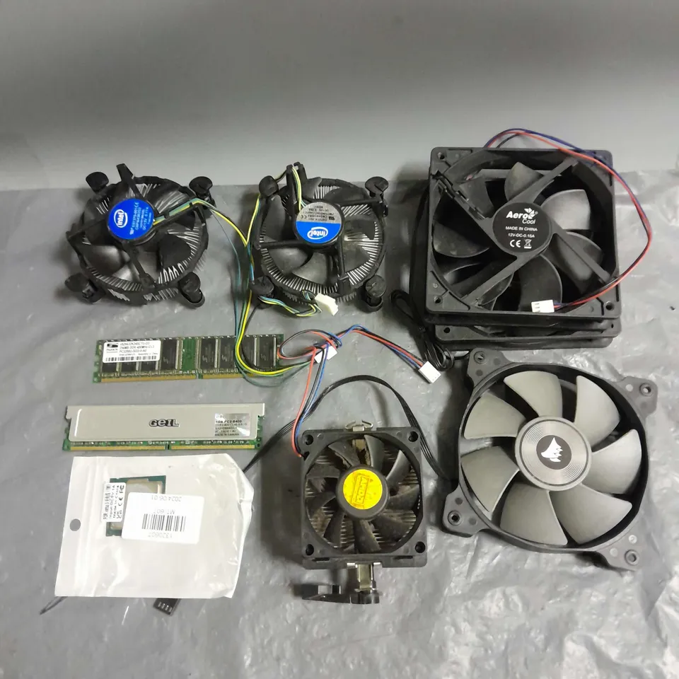 BOX OF APPROXIMATELY 9 COMPUTER PARTS TO INCLUDE - FANS - CPU - RAM