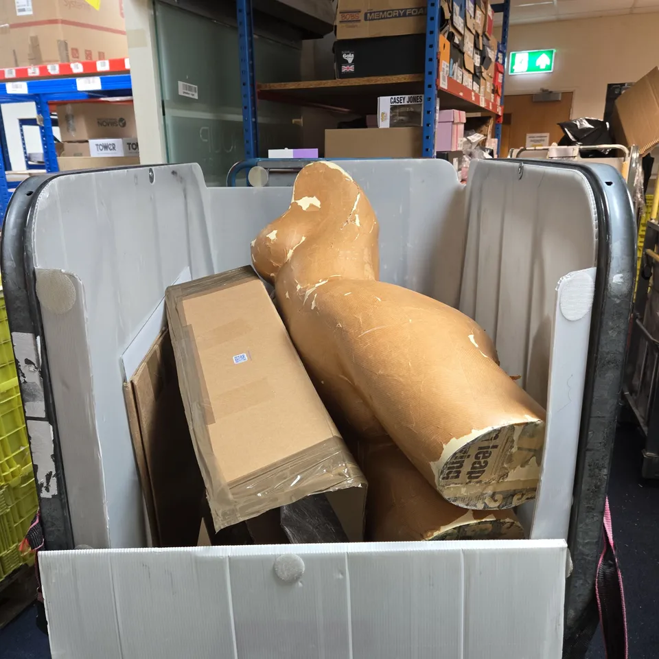 CAGE OF APPROXIMATELY 12 ASSORTED HOUSEHOLD ITEMS TO INCLUDE MANNEQUIN, WALLPAPER ETC