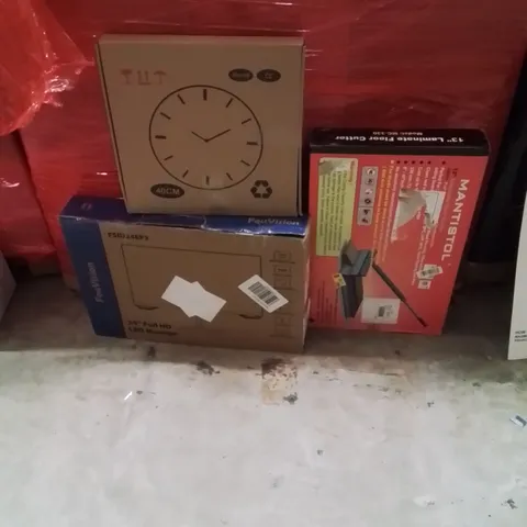 PALLET OF ASSORTED HOUSEHOLD GOODS AND PRODUCTS TO INCLUDE;LED MONITOR,LAMINATE FLOOR CUTTER,CLOCK