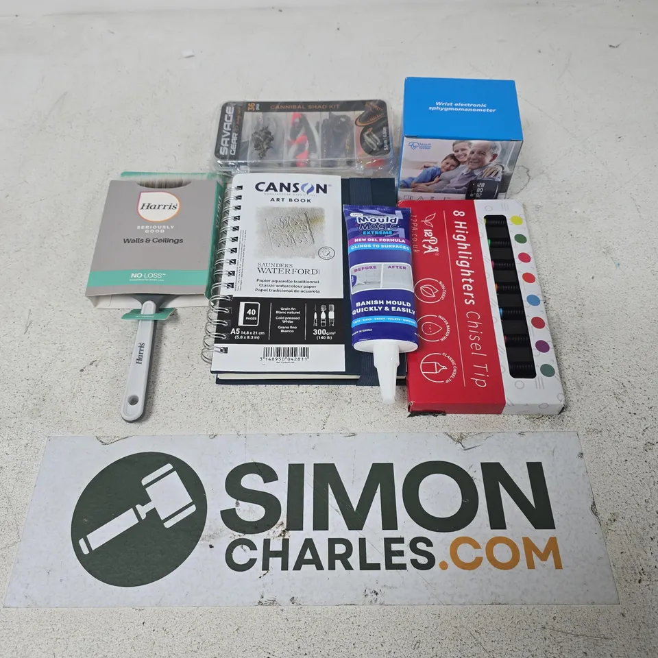 APPROXIMATELY 12 ASSORTED HOUSEHOLD ITEMS TO INCLUDE CANSON ART BOOK, HIGHLIGHTERS CHISEL TIP, HARRIS WALLS & CEILINGS BRUSH, ETC