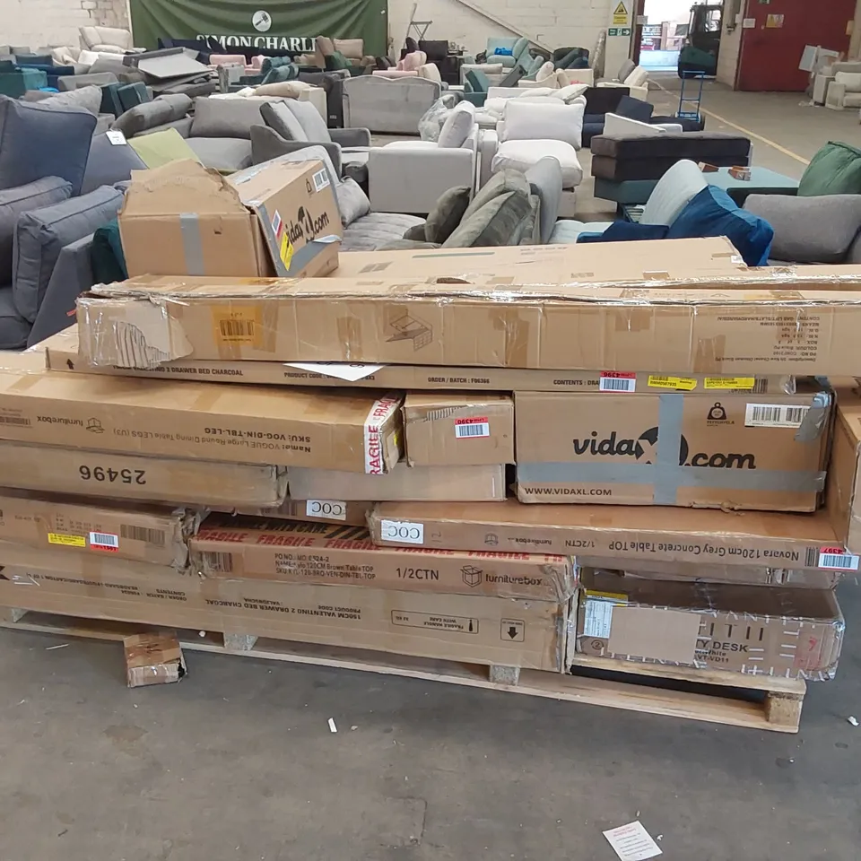 PALLET OF ASSORTED INCOMPLETE FURNITURE PARTS AND PIECES 